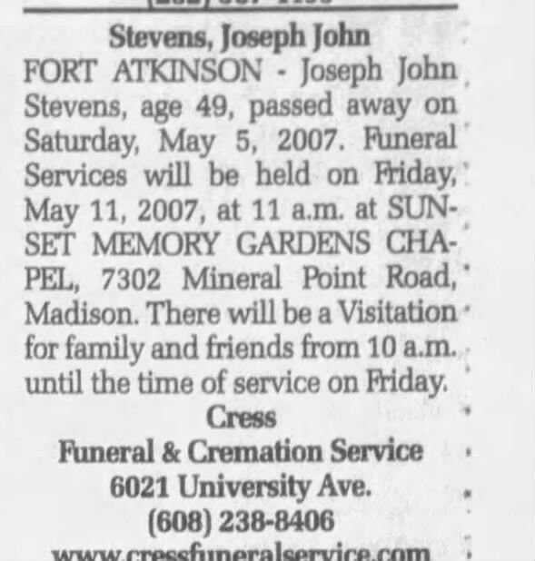 Obituary for Joseph John Stevens (Aged 49)